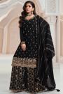 Black Chinon Silk Embroidered Sharara Kurta Set