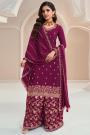 Wine Chinon Silk Embroidered Sharara Kurta Set