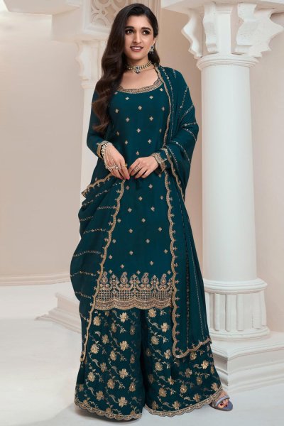 Teal Chinon Silk Embroidered Sharara Kurta Set