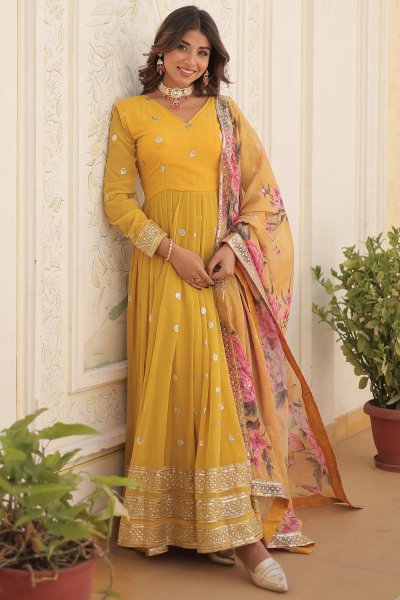 Yellow Georgette Embroidered Anarkali Suit