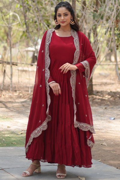 Maroon Georgette Embroidered Anarkali Dress