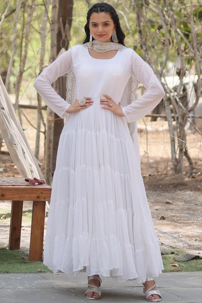 White Georgette Embroidered Anarkali Dress