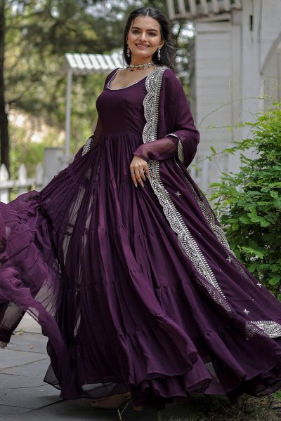 Plum Georgette Embroidered Anarkali Dress