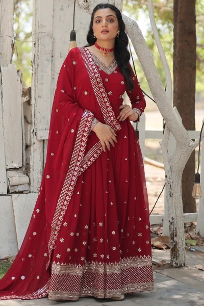 Deep Red Georgette Embroidered Anarkali Dress With Dupatta