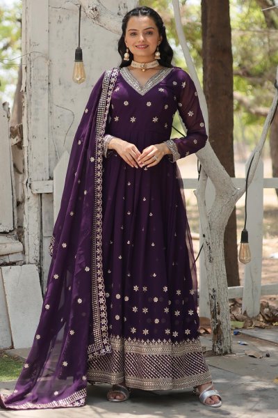 Violet Georgette Embroidered Anarkali Dress With Dupatta