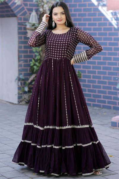 Plum Georgette Embroidered Anarkali Dress