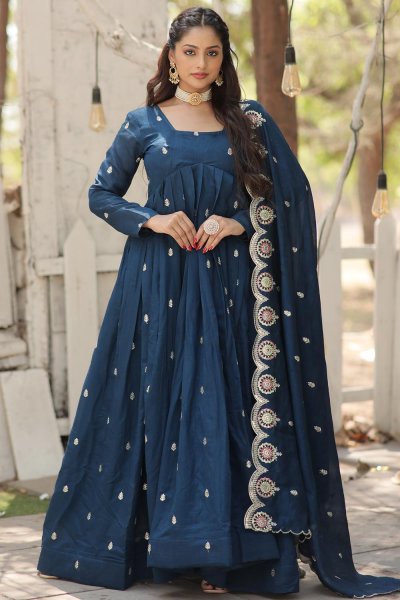 Prussian Blue Silk Embroidered Anarkali Dress With Dupatta