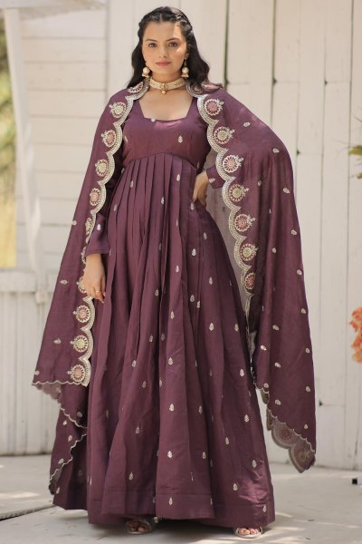 Mauve Silk Embroidered Anarkali Dress With Dupatta