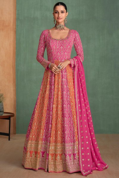 Pink & Orange Georgette Embroidered Anarkali Dress With Dupatta