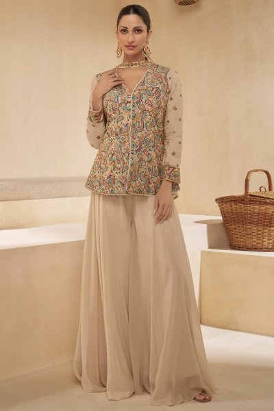 Beige Georgette Embroidered Top & Sharara Set With Dupatta