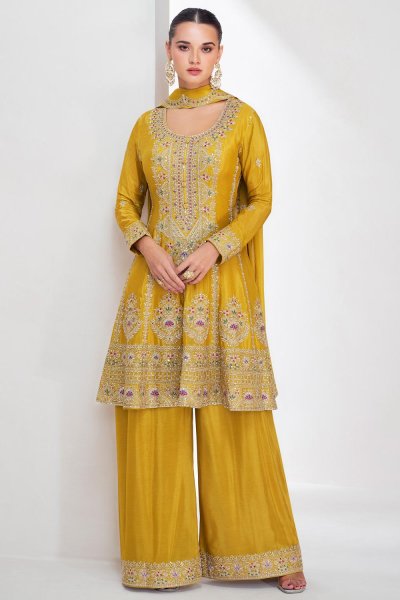 Mustard Chinon Silk Embroidered Kurta Set