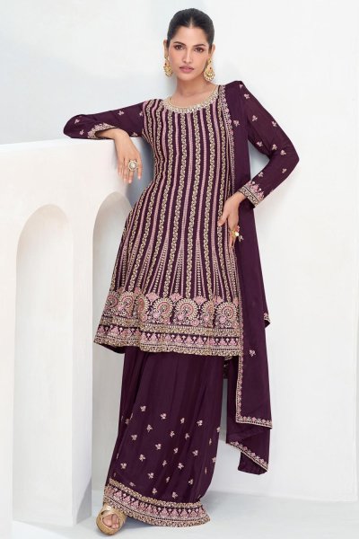 Plum Chinon Silk Embroidered Kurta Set