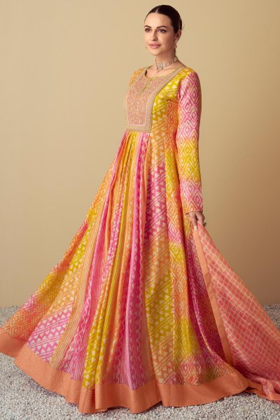 Pink, Yellow, & Coral Cotton Printed & Embroidered Anarkali Dress With Dupatta