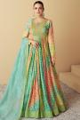 Aqua, Mint, & Coral Cotton Printed & Embroidered Anarkali Dress With Dupatta