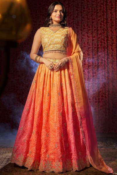 Coral & Yellow Organza Silk Printed & Embroidered Lehenga Set