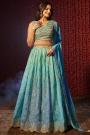 Blue Organza Silk Printed & Embroidered Lehenga Set