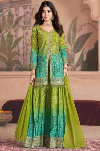 Green & Aqua Chinon Silk Printed & Embroidered Sharara Kurta Set