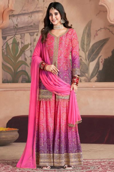 Pink & Purple Chinon Silk Printed & Embroidered Sharara Kurta Set