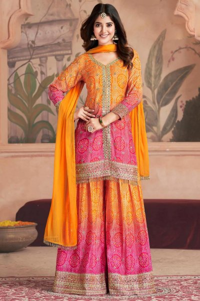 Orange & Pink Chinon Silk Printed & Embroidered Sharara Kurta Set