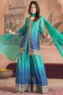 Blue & Turquoise Chinon Silk Printed & Embroidered Sharara Kurta Set