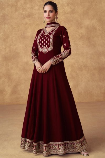 Maroon Chinon Silk Embroidered Anarkali Dress With Dupatta