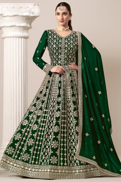 Dark Green Georgette Embroidered Anarkali Set