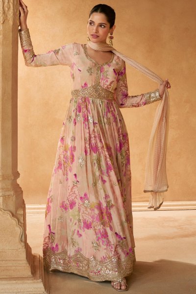 Peach Pink Chinon Silk Printed & Embroidered Anarkali Dress With Dupatta