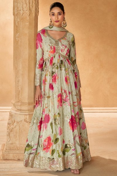 Sage Green Chinon Silk Printed & Embroidered Anarkali Dress With Dupatta