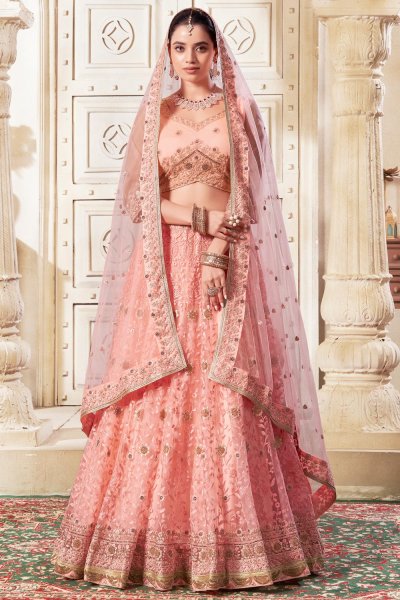 Peach Net Embroidered Lehenga Set