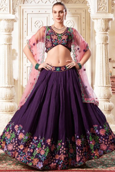 Plum Purple Silk Embroidered Lehenga Set