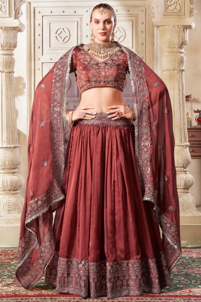 Brick Red Silk Embroidered Lehenga Set