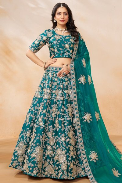 Teal Silk Embroidered Lehenga Set