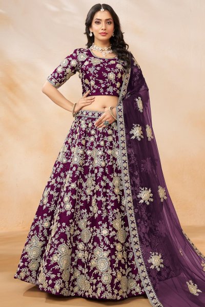 Plum Silk Embroidered Lehenga Set