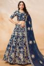 Prussian Blue Silk Embroidered Lehenga Set