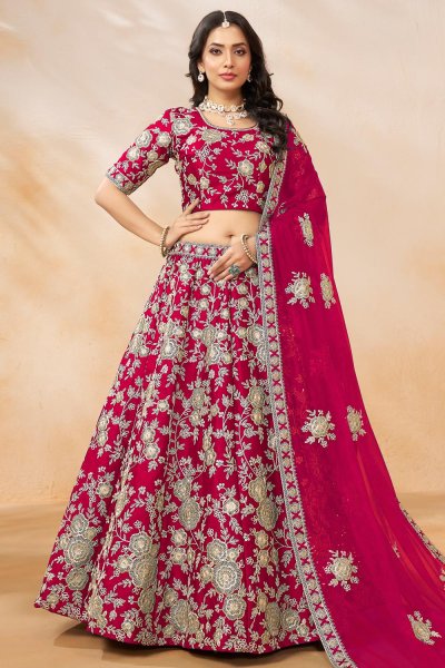 Deep Pink Silk Embroidered Lehenga Set