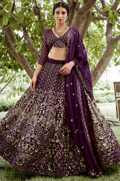 Plum Georgette Embroidered Lehenga Set