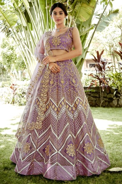 Mauve Net Embroidered Lehenga Set