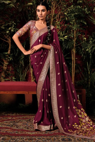 Maroon Silk Zari Weaved Banarasi Saree