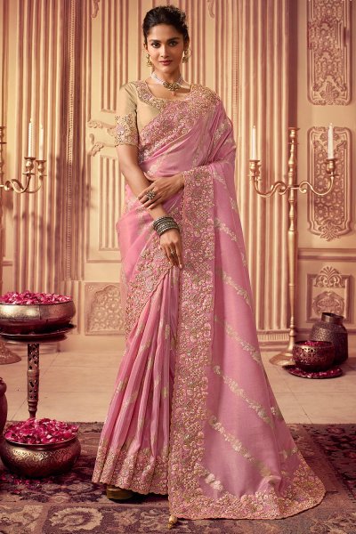 Soft Pink Luxe Fabric Embroidered Saree