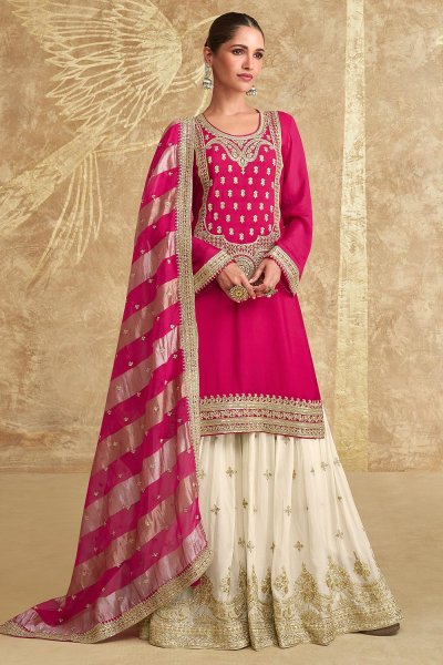 Magenta & Ivory Chinon Silk Sharara Kurta Set