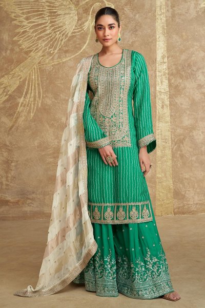 Green Chinon Silk Sharara Kurta Set