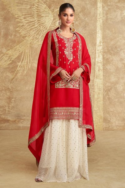 Red & Ivory Chinon Silk Sharara Kurta Set