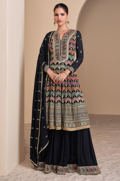 Black Georgette Embroidered Sharara Kurta Set