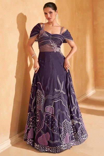 Plum Chinon Silk Indowestern Embroidered Dress