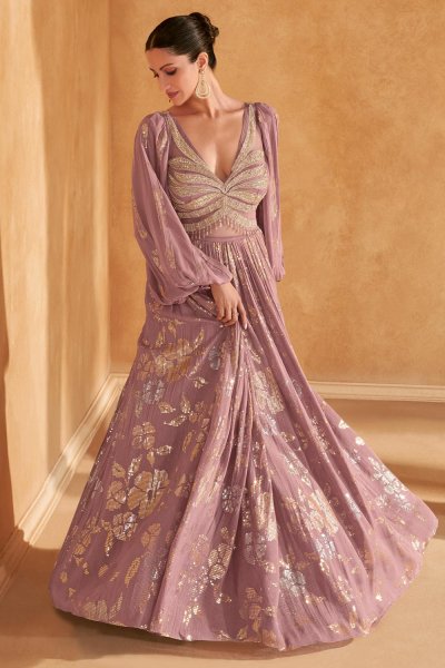 Mauve Pink Chinon Silk Indowestern Embroidered Dress