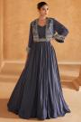 Navy Blue Chinon Silk Indowestern Embroidered Dress With Jacket