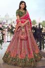 Pink, Purple, Dark Green Banarasi Silk Zari Weaved & Embroidered Lehenga Set With Belt