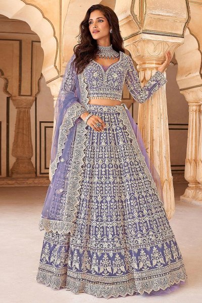 Lilac Net Embroidered Lehenga Set