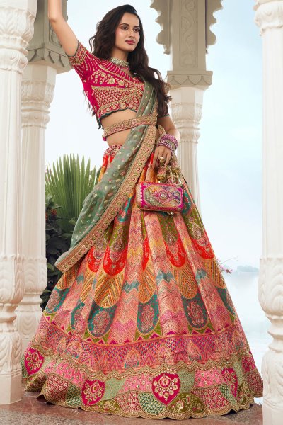 Multicolor Banarasi Silk Zari Weaved & Embroidered Lehenga Set With Belt