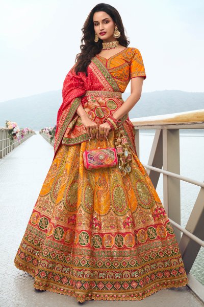 Orange Banarasi Silk Zari Weaved & Embroidered Lehenga Set With Belt